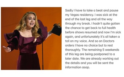 Adele sta male, annullati i concerti di marzo: “La mia voce è messa a dura...