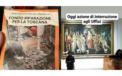Blitz di Ultima Generazione alla Galleria degli Uffizi a Firenze: manifesti e volantini sul vetro della Primavera di Botticelli