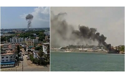 esplosione e incendio a bordo di una nave cisterna paura al porto di mumbasa video