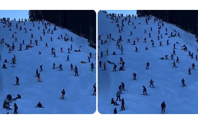 la pista da sci super affollata la discesa a valle diventa un impresa video