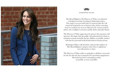 La principessa Kate Middleton operata all’addome, “intervento riuscito”