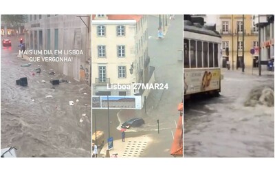Lisbona sott’acqua per la depressione Nelson: strade come fiumi e traffico in tilt. Le impressionanti immagini