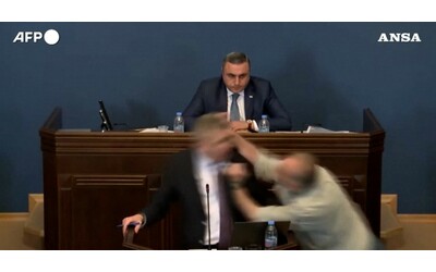 parlamentare colpisce il collega con un pugno in faccia urla e caos in aula in georgia video
