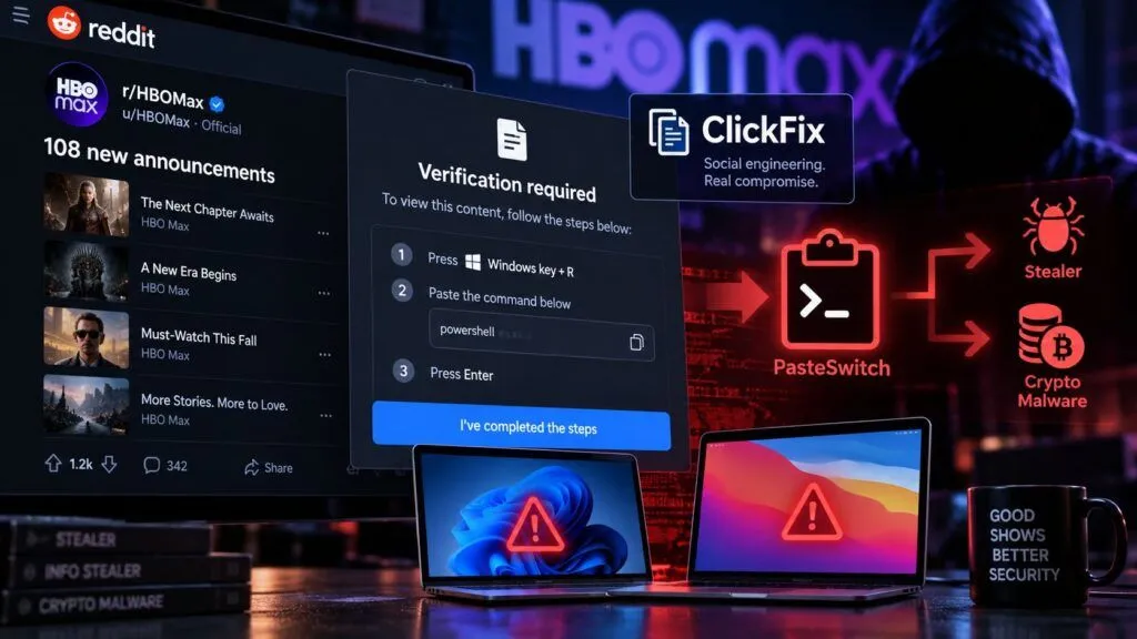 HBO Max compromessa su Reddit: 108 annunci ClickFix svelano l’infrastruttura PasteSwitch