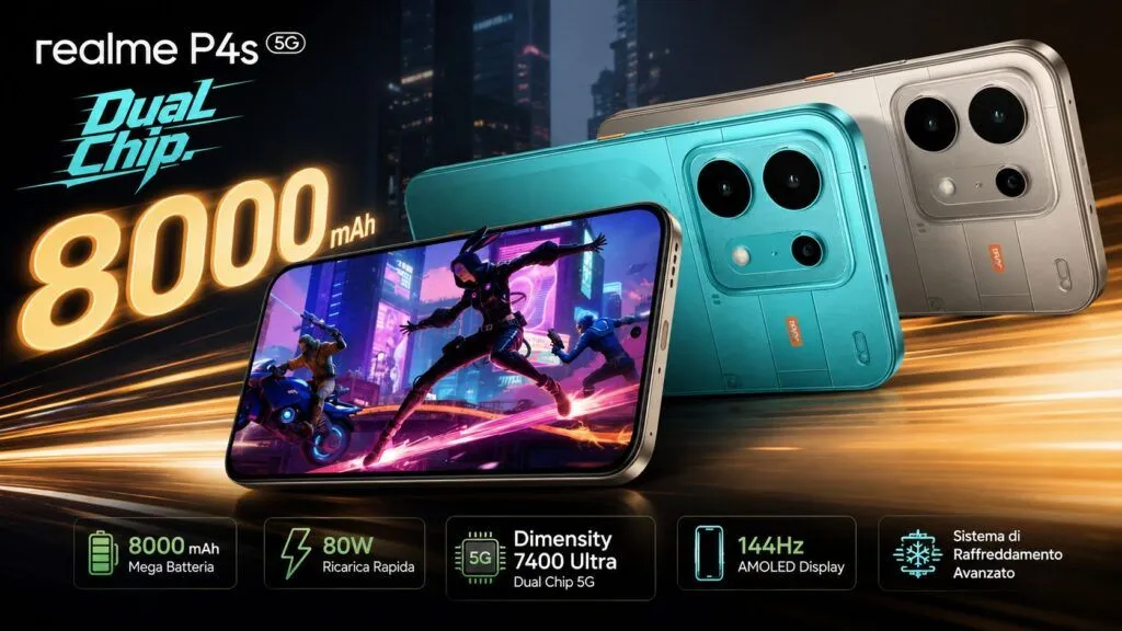 Realme P4s 5G punta su batteria da 8.000 mAh e gaming a 144 Hz