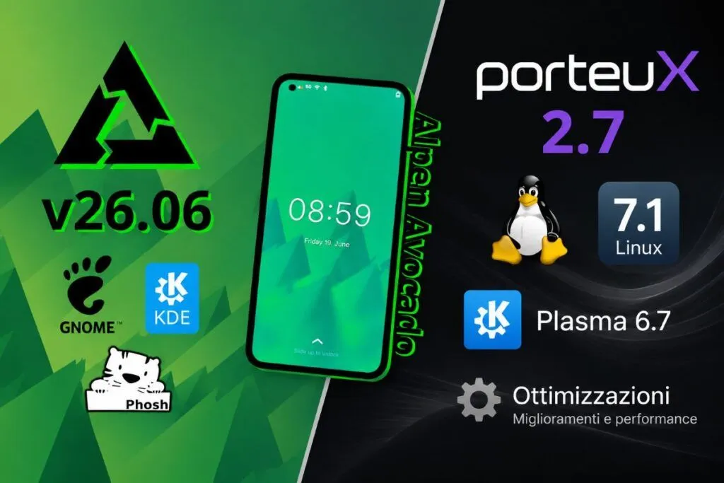 postmarketOS 26.06 Alpen Avocado e PorteuX 2.7 rinnovano Linux tra mobile e desktop