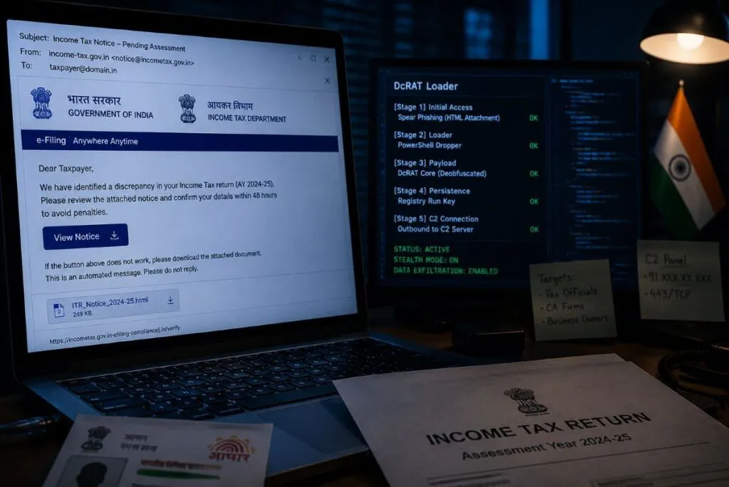DragonReturn colpisce il fisco indiano con phishing e DcRAT multi-stadio