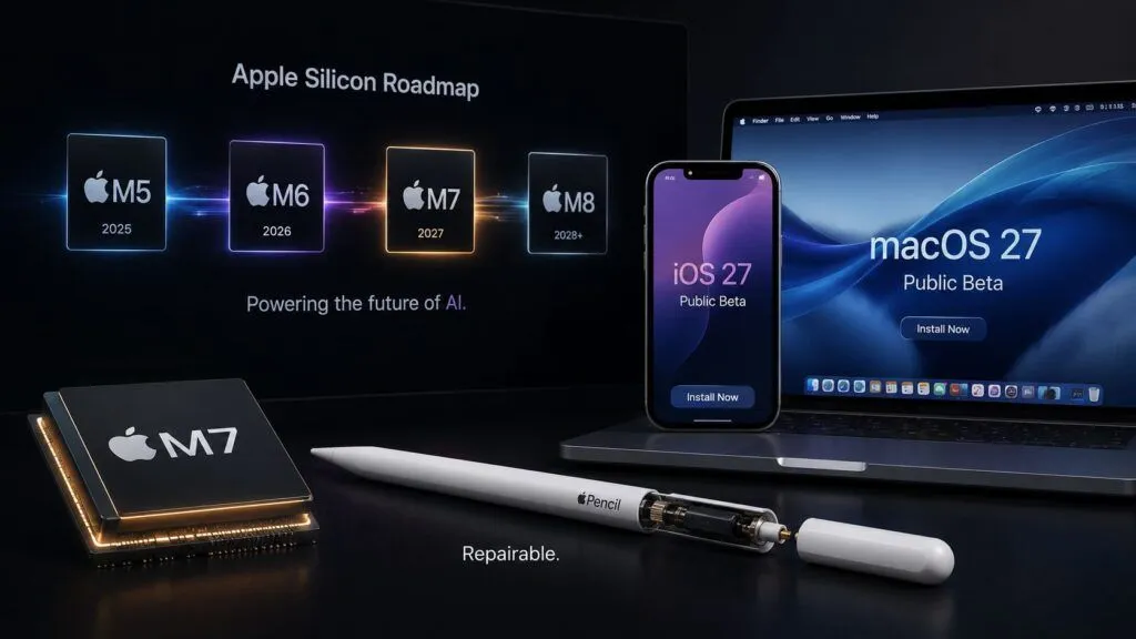 Apple M7 salta i chip M6 per l’IA e piega la nuova Pencil alle regole europee.
