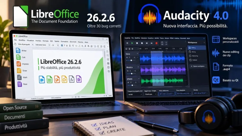 LibreOffice 26.2.6 corregge oltre 30 bug, Audacity 4.0 riscrive l’interfaccia in Qt