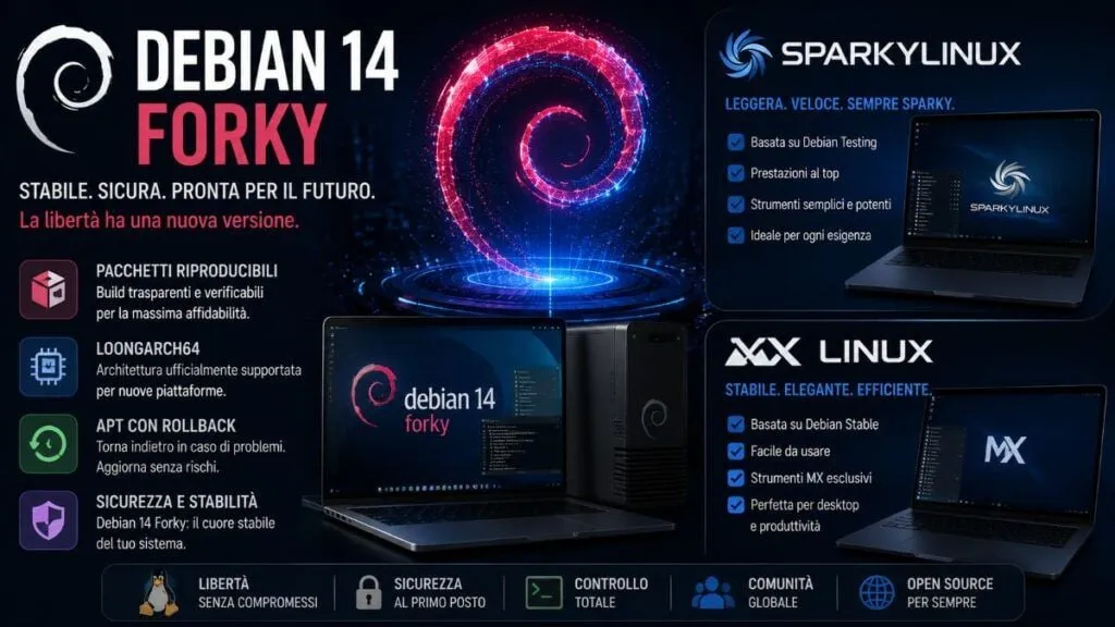 Rivoluzione Linux: arriva Debian 14 Forky e dice addio ai sistemi rotti. SparkyLinux e MX Linux avanzano