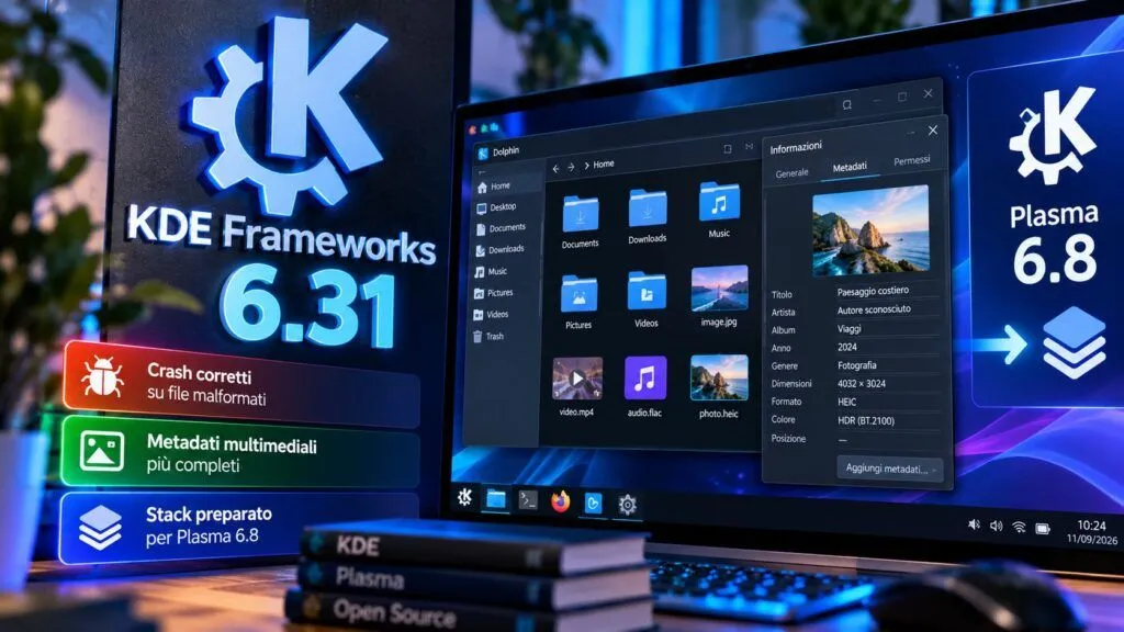 KDE Frameworks 6.31 rafforza file, metadati e stabilità di Plasma 6.8