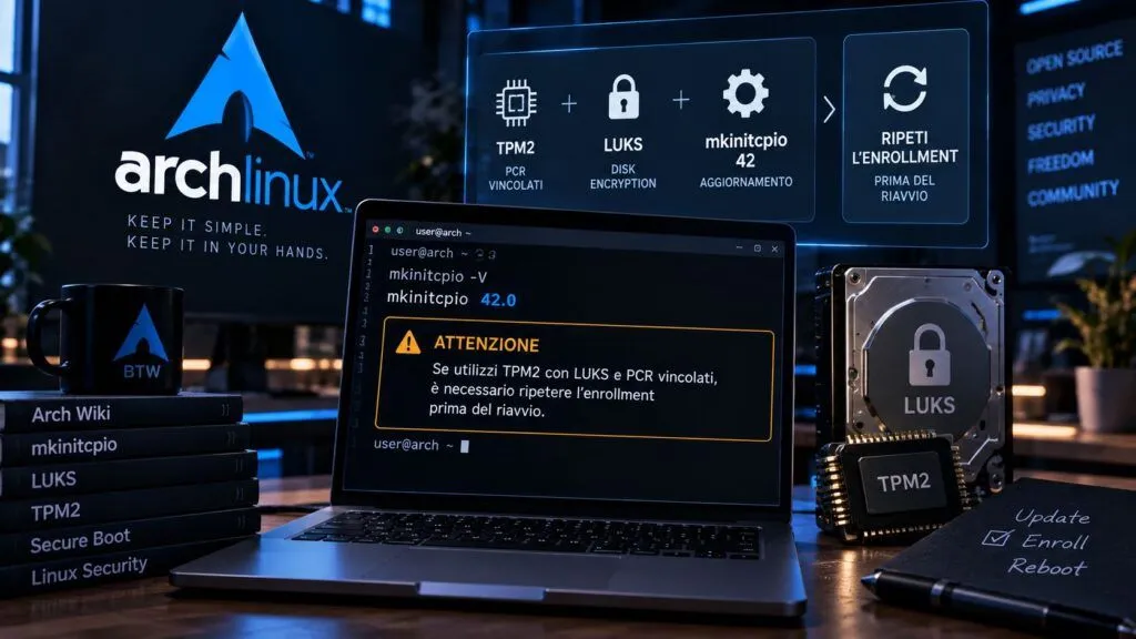 Arch Linux: mkinitcpio 42 richiede intervento manuale con TPM2 e LUKS