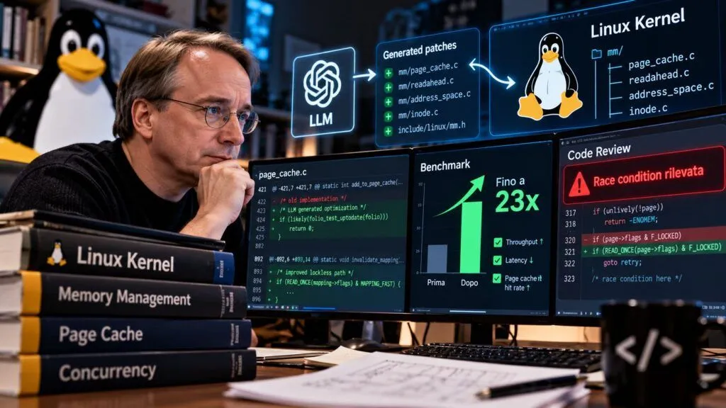 Linus Torvalds usa l’AI sul kernel Linux: 23 volte più veloce, ma la review trova una race