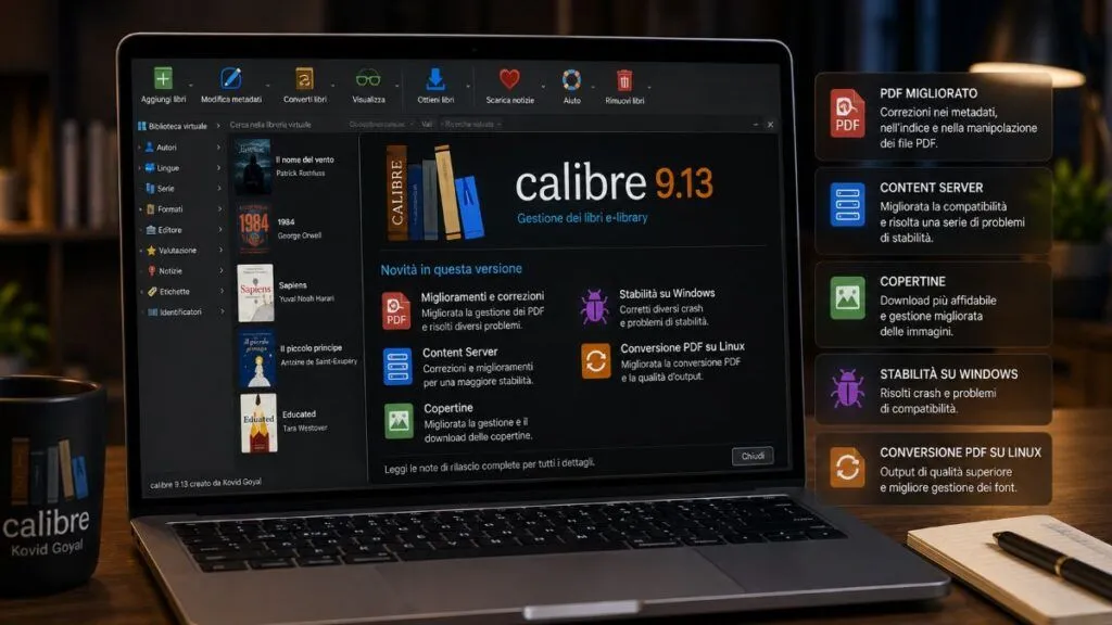 Calibre 9.13 corregge PDF e Content Server e migliora stabilità su Linux e Windows