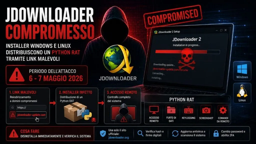 JDownloader hackerato con Python RAT negli installer Windows e Linux