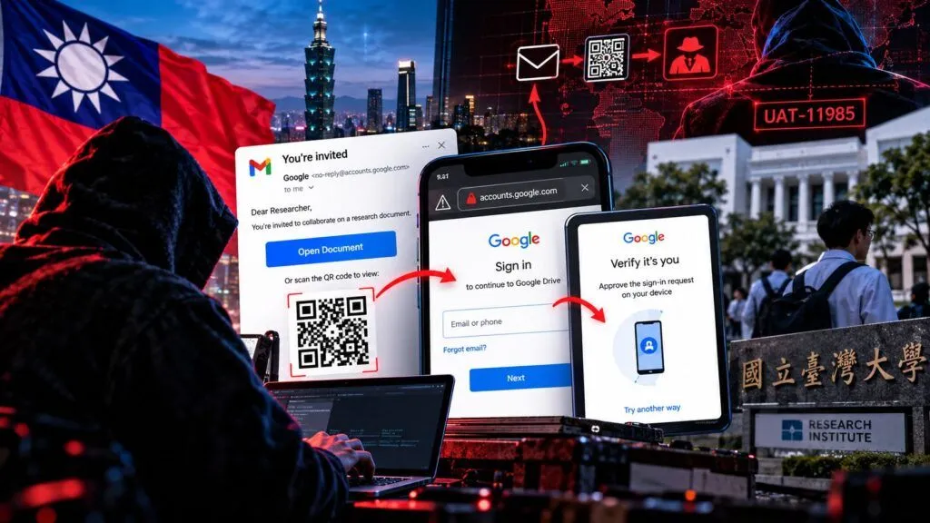 UAT-11985 colpisce Taiwan: phishing Google AiTM usa AI e QR code