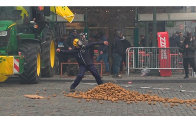 Protesta trattori a Bruxelles lancio di patate contro la polizia il video degli scontri davanti alle sedi Ue