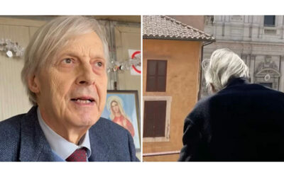 Vittorio Sgarbi riappare dopo l’uscita dall’ospedale: la foto al balcone durante i funerali di Papa Francesco