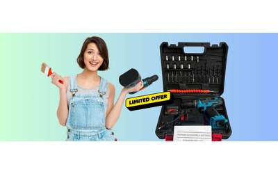 Trapano avvitatore a batteria con percussione, valigetta e accessori a 32€